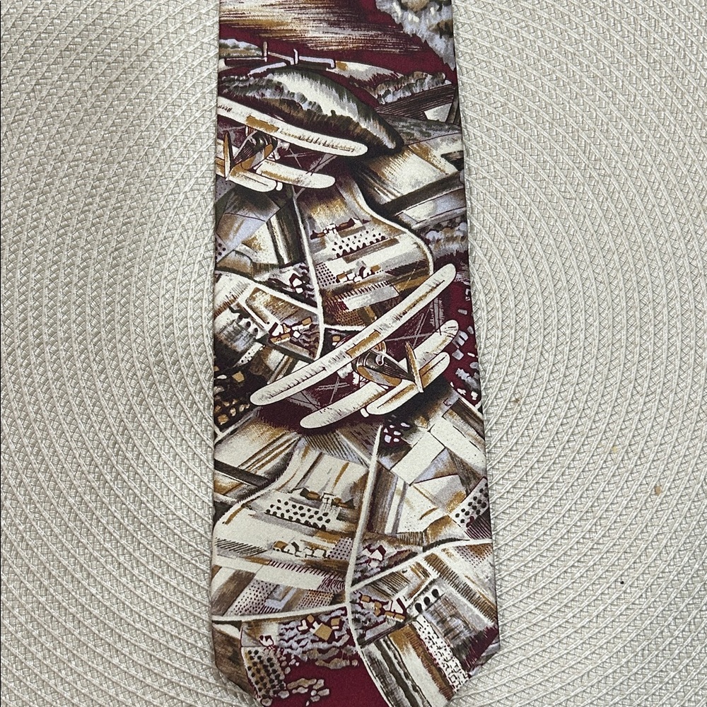 Aviation-Themed Burgundy and Cream Silk Tie